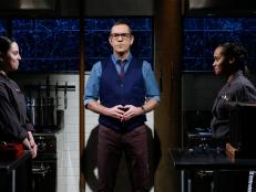 Host Ted Allen stands with teen chefs Samantha Haas, left, and Lyanna Cintron as they face off before the dessert round, as seen on Food Network's Chopped, Season 29.
