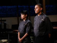 Teen chefs Remmi Smith and Gabriel Chirinos face the judges during the dessert round chopping, as seen on Food Network's Chopped, Season 29.