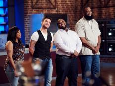 Finalists Yaku Moton-Spruill, Tregaye Fraser, Damiano Carrara and Jernard Wells during the reveal of the Mentor Challenge, Cook For Your Life, as seen on Food Network Star, Season 12.