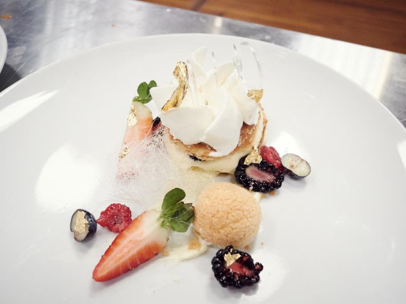 Finalist Damiano Carrara's dish, St. Honore Cake with Diplomat Cream and Fruit, for the Mentor Challenge, Cook For Your Life, as seen on Food Network Star, Season 12.