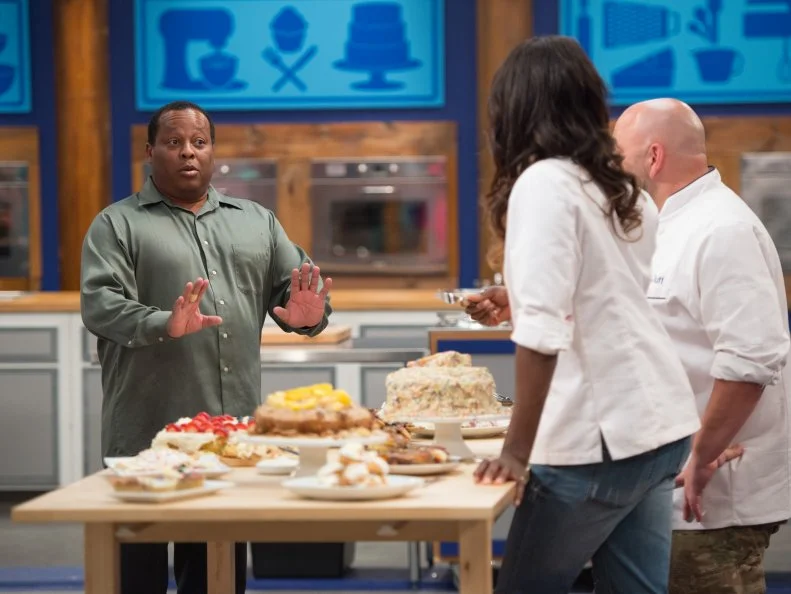 Competitor Anthony Lee during baseline challenge dish tasting and team selection, as seen on Food Network’s Worst Bakers In America, Season 1.