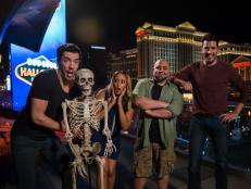 HGTV's Drew Scott (L), Food Network's Tia Mowry (CL), Food Network's Duff Goldman (CR) and HGTV's Jonathan Scott (R) pose under the Vortex at the Linq Hotel and Casino, as seen during the 2016 All Star Halloween Spectacular. (portrait)