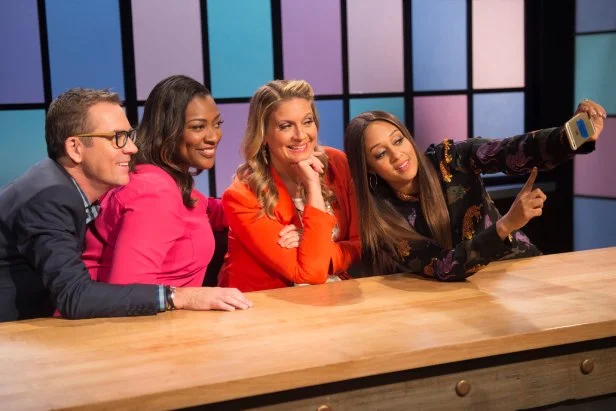 Guest judges (left to right) Tiffany Derry, Amanda Freitag, and Tia Mowery with host Ted Allen as seen on Food Network's Chopped Junior, Season 1.