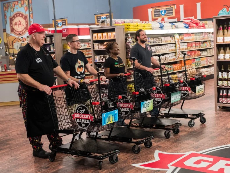 Contestants Louie Finnan, Bobby Marcotte, Claudette Hutchinson, and Andres Barrientos, as seen on Food Network's Guy's Grocery Games, Season 12.