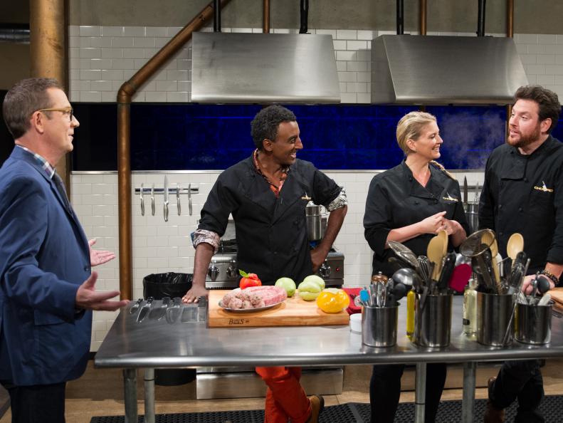 Host Ted Allen (L) with judges Marcus Samuelsson, Amanda Freitag, and Scott Conant during the entrŽe round, Noodles, as seen on Food Network's Chopped After Hours, Season 32.