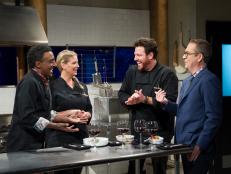 Judges Marcus Samuelson (L), Amanda Freitag, and Scott Conant with Host Ted Allen during the tasting of the entrŽe round, Noodles, as seen on Food Network's Chopped After Hours, Season 32.
