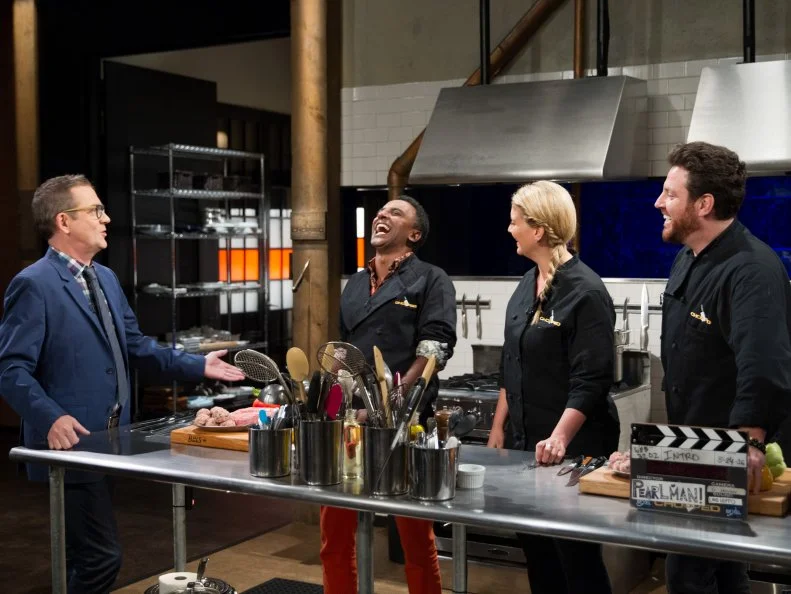 Host Ted Allen (L) with judges Marcus Samuelsson, Amanda Freitag, and Scott Conant during the entrŽe round, Noodles, as seen on Food Network's Chopped After Hours, Season 32.