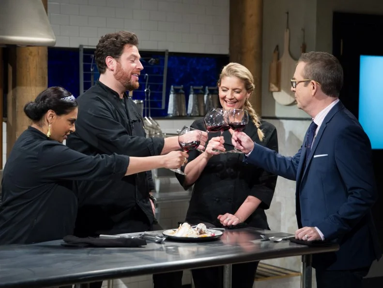 Judges Maneet Chauhan (L), Scott Conant, and Amanda Freitag with Host Ted Allen during the tasting of the dessert round, Chocolate, as seen on Food Network's Chopped After Hours, Season 32.