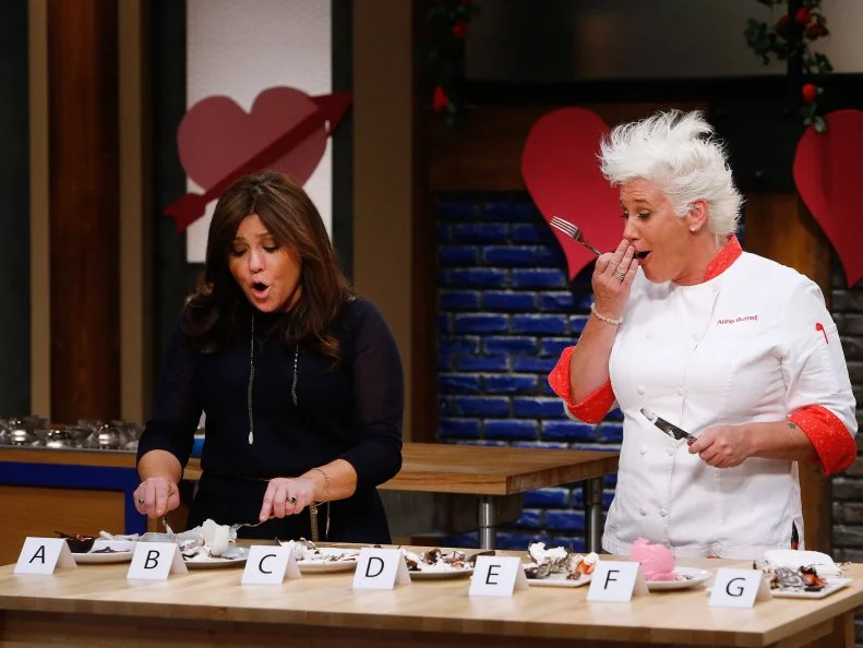 Mentors Anne Burrell and Rachael Ray taste the recruits' desserts following the skill drill challenge, as seen on Food Network's Worst Cooks in America, Season 10.