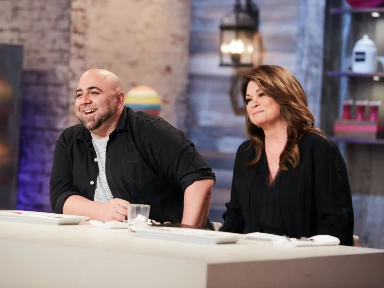 Hosts Duff Goldman and Valerie Bertinelli during the Main Heat judging, as seen on Food Network's Kids Baking Championship, Season 3.