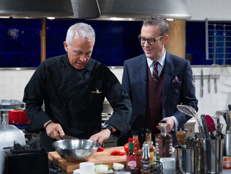 Judge Geoffrey Zakarian (L) with Host Ted Allen as he cooks Turkey wing chili with a blue cheese pico de gallo during the entrŽe round, Whiskey & Wings, as seen on Food Network's Chopped After Hours, Season 32.