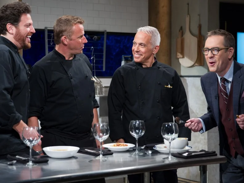 Judges Scott Conant (L), Marc Murphy, and Geoffrey Zakarian with Host Ted Allen during the entrŽe round, Whiskey & Wings tasting, as seen on Food Network's Chopped After Hours, Season 32.