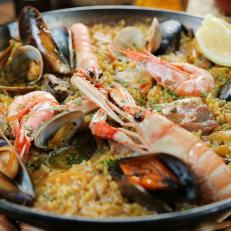 Surf and Turf Paella as served at El Pacifico in Barcelona, Spain as seen on Food Network's Diners, Drive-Ins and Dives episode 2601.