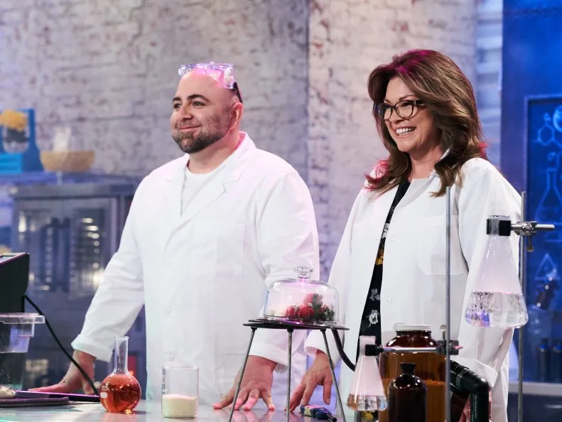 Hosts Duff Goldman and Valerie Bertinelli during the reveal of the Main Heat, as seen on Food Network's Kids Baking Championship, Season 3.