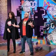 Hosts Duff Goldman and Valerie Bertinelli during the reveal of the Main Heat, as seen on Food Network's Kids Baking Championship, Season 3.
