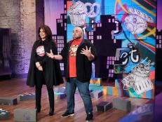 Hosts Duff Goldman and Valerie Bertinelli during the reveal of the Main Heat, as seen on Food Network's Kids Baking Championship, Season 3.