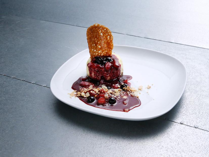 Red team finalist Daniel Mar's dessert course dish displayed, as seen on Food Network's Worst Cooks in America, Season 10.