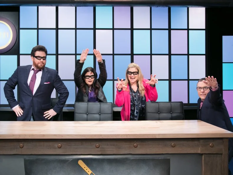 Judges Scott Conant (L), Alex Guarnaschelli, Amanda Freitag, and Host Ted Allen during the entrŽe round, as seen on Food Network's Chopped Junior, Season 6.