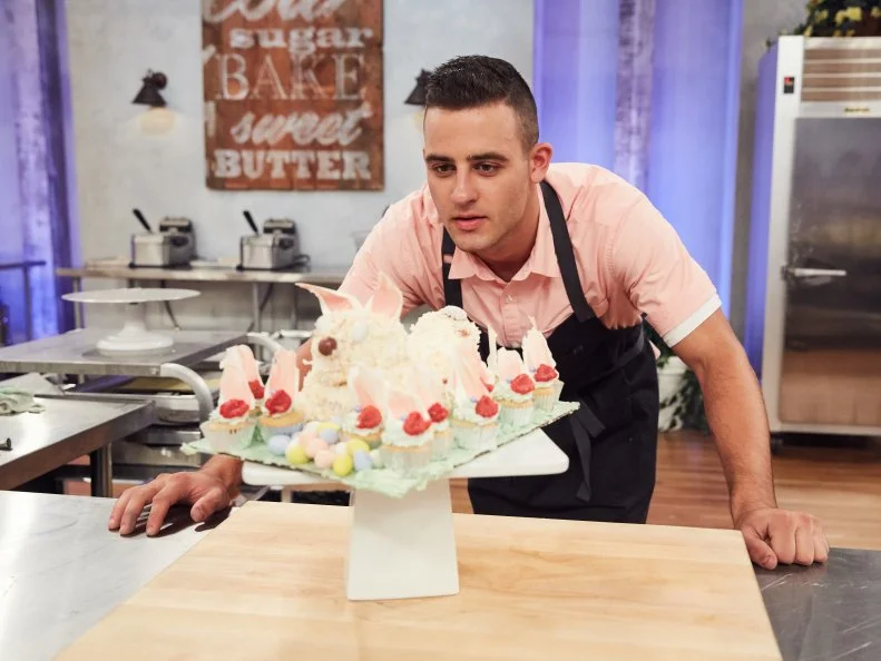 Chef Jordan Pilarski preparing his Main Heat dish, Honey Raspberry Butter Cake and Cupcakes with Swiss Buttercream Filling and Fresh Raspberries, as seen on Food Network's Spring Baking Championship, Season 3.