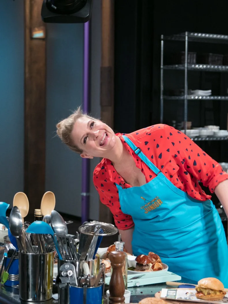 Chef Amanda Freitag cooks Freitag Burger Friday Special during the appetizer round, as seen on Food Network's Chopped Junior, Season 6.