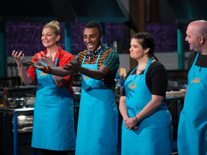 Chef's Amanda Freitag (L), Marcus Samuelsson, Alex Guarnaschelli, and Chris Santos during the judging of the appetizer round, as seen on Food Network's Chopped Junior, Season 6.