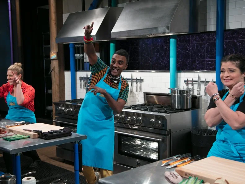 Chef's Amanda Freitag (L), Marcus Samuelsson, and Alex Guarnaschelli during the appetizer round, as seen on Food Network's Chopped Junior, Season 6.