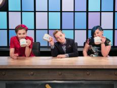 Junior contestant judges Nicole Bidun (L), Joshua Altamura, and Kenzie Mills with Host Ted Allen during the entrŽe round, as seen on Food Network's Chopped Junior, Season 6.