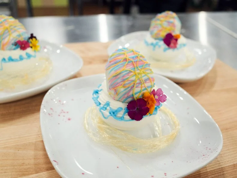 Chef Courtney Rezendes' Pre-Heat dish, Limoncello Mascarpone Mousse with Strawberry Lemon Cake Pop, as seen on Food Network's Spring Baking Championship, Season 3.