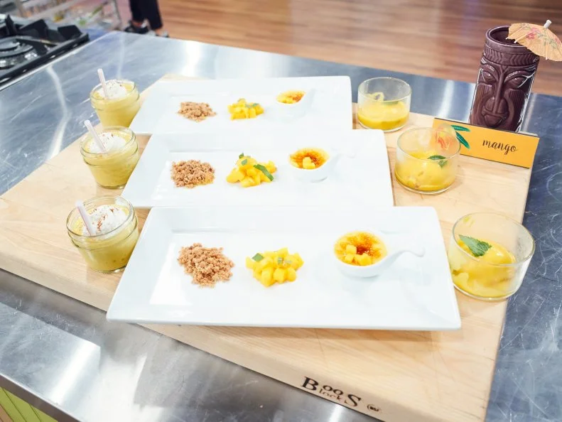 Chefs Jordan Pilarski and Fausto Barragan's Pre-Heat dish, Mango 3 Ways: Mango Mint Créme Brulee, Sous Vide Mango and Mango Sorbet over a Cinnamon Crumble, as seen on Food Network's Spring Baking Championship, Season 3.