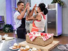 Contestant Daniela Copenhaver (r.) and contestant Jordan Pilarski (l.) celebrate at the conclusion of the sweet-and-savory-themed pre-heat challenge, as seen on Food Network's Spring Baking Championship, Season 3.