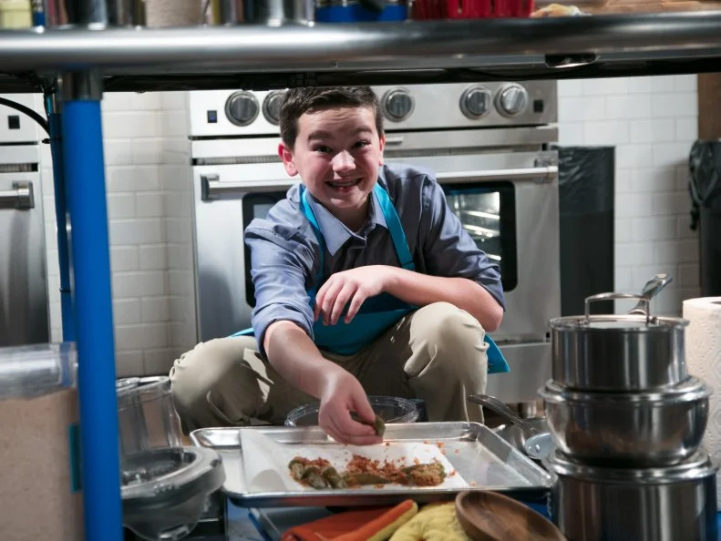 Junior contestant Ryan Gonzalez cooks Brisket meatball with fried okra with signature sauce during the appetizer round, as seen on Food Network's Chopped Junior, Season 6.