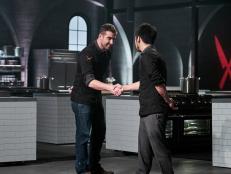 Chefs Mike Gulotta and Shota Nakajima during elimination for the Secret Ingredient Showdown, as seen on Iron Chef Gauntlet, Season 1