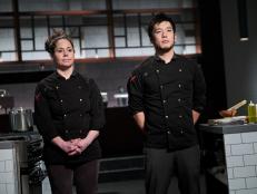 Chefs Stephanie Izard and Shota Nakajima during the reveal of the Secret Ingredient Showdown, as seen on Iron Chef Gauntlet, Season 1