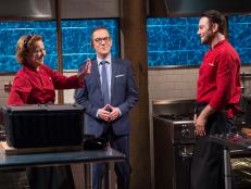 Host Ted Allen with celebrity contestants Julie White and Jonathan Sadowski during the Star Power Tournament, as seen on Food Network’s Chopped, season 33.