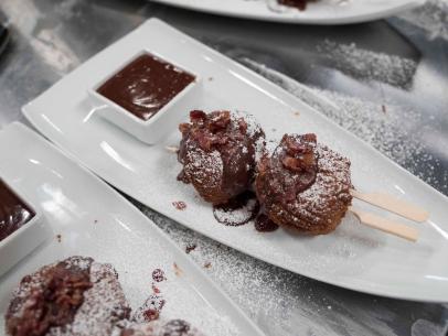 Contestant Rob Burmeister's star challenge dish: Carnival Bread Pudding on a Stick, as seen on Food Network's Comeback Kitchen, Season 2.