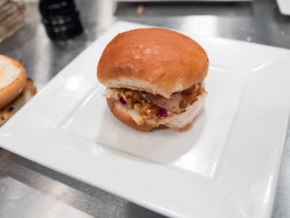 Contestant Joy Thompson's updated version of the 70's Pineapple Chicken Teriyaki dish: Pulled BBQ Chicken Slider with Pineapple Cole Slaw for the Star Challenge Dining Across the Decades, as seen on Food Network's Comeback Kitchen, Season 2.
