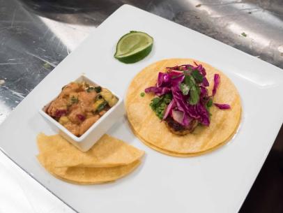 Contestant Rob Burmeister's updated version of the 80's Blackened Fish dish: Blackened Shrimp Street Taco with Red Snapper Ceviche for the Star Challenge Dining Across the Decades, as seen on Food Network's Comeback Kitchen, Season 2.