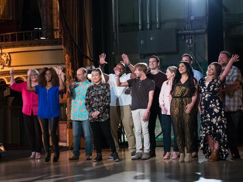 Mentors welcoming the contestants (left) Nancy Manlove, Toya Boudy, Jason Smith, Coadan Tran, David Rose, Trace Barnett, Blake Baldwin, Addie Gundy, Cory Bahr, Suzanne Lossia, Rusty Hamlin and Amy Pottinger (right) for the first time at the Mentor Challenge, Ready, Set...Rehearse!, as seen on Food Network Star, Season 13.