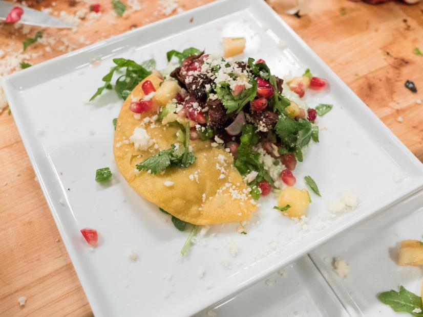 Contestant Amy Pottinger's dish Grilled Marinated Skirt Steak with Poblano Crema and Pomegranate Pico for the Star Challenge, Food Network Firing Squad,, as seen on Food Network Star, Season 13.