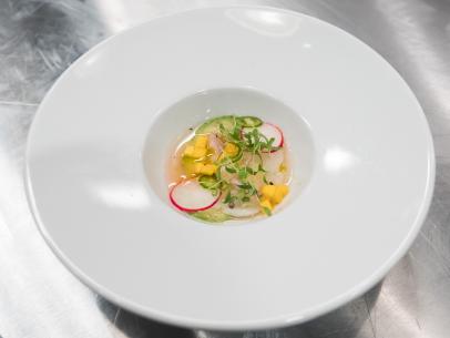 Contestant Matthew Grunwald's appetizer dish: Scallop Ceviche for the Star Challenge Dinner Party, as seen on Food Network's Comeback Kitchen, Season 2.