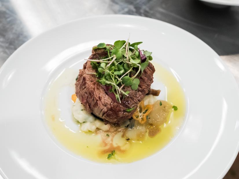 Contestant Matthew Grunwald's entrée dish: Char Roasted Cast Iron Filet with White Cheddar Habanero Mashed Potatoes, for the Star Challenge Dinner Party, as seen on Food Network's Comeback Kitchen, Season 2.