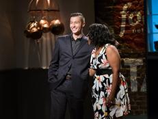 Final top two contestants Matthew Grunwald and Jamika Pessoa react as Matthew is announced the winner of Comeback Kitchen, as seen on Food Network's Comeback Kitchen, Season 2.