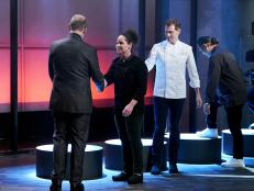 Guest Judges Ludo Lefebvre and Anya Fernald with Host Alton Brown with Iron Chefs Stephanie Izard, Bobby Flay, Masaharu Morimoto and Michael Symon celebrate with a drink after Iron Chef Stephanie Izard wins, as seen on Iron Chef Gauntlet, Season 1.