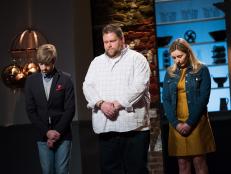 Contestants Trace Barnett, Rusty Hamlin and Addie Gundy react to Trace Barnett's elimination from the Star Challenge Camping to Glamping, as seen on Food Network Star, Season 13.