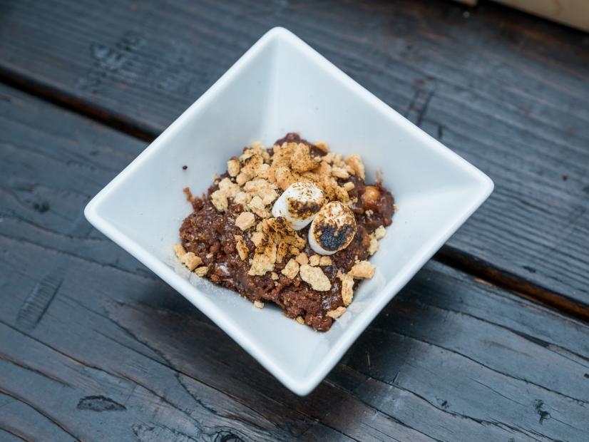 Contestants Coadan Tran, Jason Smith and David Rose's team dessert dish, Campfire Trail Mix Pudding, for the Star Challenge Camping to Glamping, as seen on Food Network Star, Season 13.