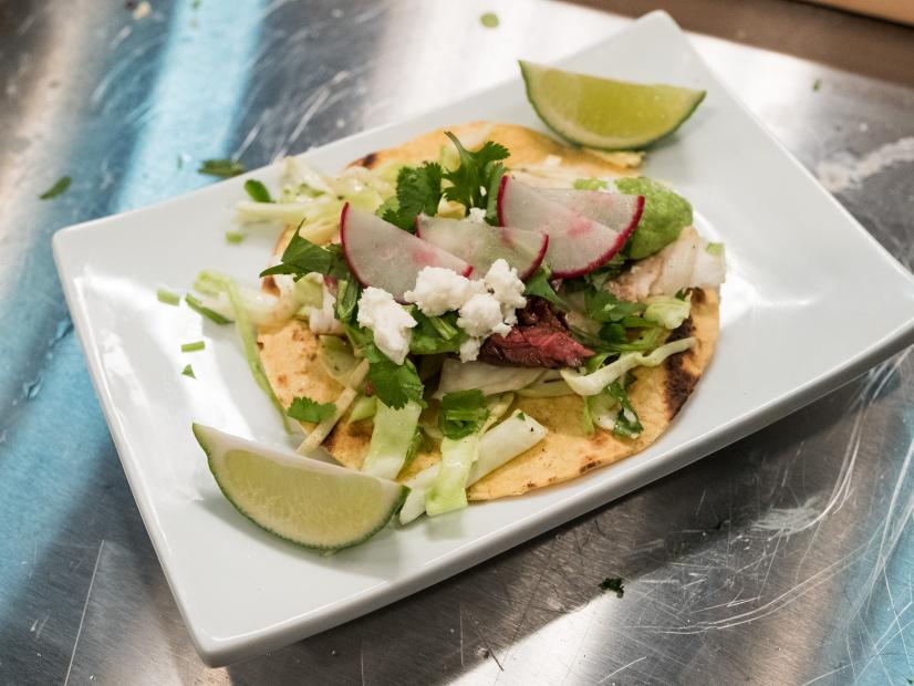 Contestant Amy Pottinger's dish, Surf and Turf Steak Tacos with Tomatillo  Avocado Salsa, for the Star Challenge Betcha Didn't Know, as seen on Food Network Star, Season 13.