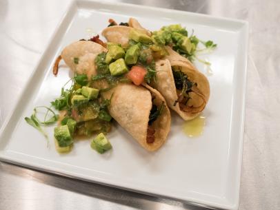 Contestant Matthew Grunwald's dish, Left Over Turkey Taquitos with Heirloom Tomato Relish, for the Star Challenge Betcha Didn't Know, as seen on Food Network Star, Season 13.