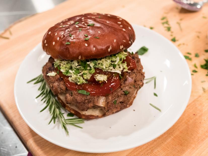 Contestant Trace Barnett's dish, Bison Meatloaf Burger with Rosemary Ketchup, for the challenge Best Burger I Ever Ate, as seen on Star Salvation for Food Network Star, Season 13.