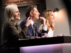 Guest Judge Hannah Hart and Hosts Bobby Flay and Giada De Laurentiis watching contestants Addie Gundy and Matthew Grunwald's Instagram Story for the Mentor Challenge Shopping and Cooking on a Budget / Instagram, as seen on Food Network Star, Season 13.