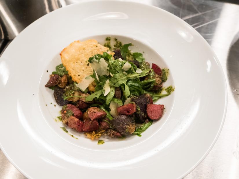Contestant Amy Pottinger's dish, Oven Roasted Rainbow Potatoes with Beef Tenderloin and Chimmi Churri Dressing, for the Mentor Challenge The Humble Potato, as seen on Food Network Star, Season 13.